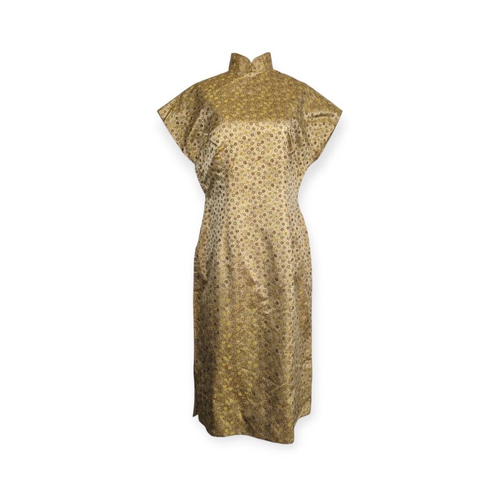 Vintage Midcentury Maple Leaf Golden Shot Silk Brocade Qipoa Pencil Dress